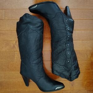 Vintage Women's Zodiac Black Leather Western Silver-Toe Tip Boots - Size 6